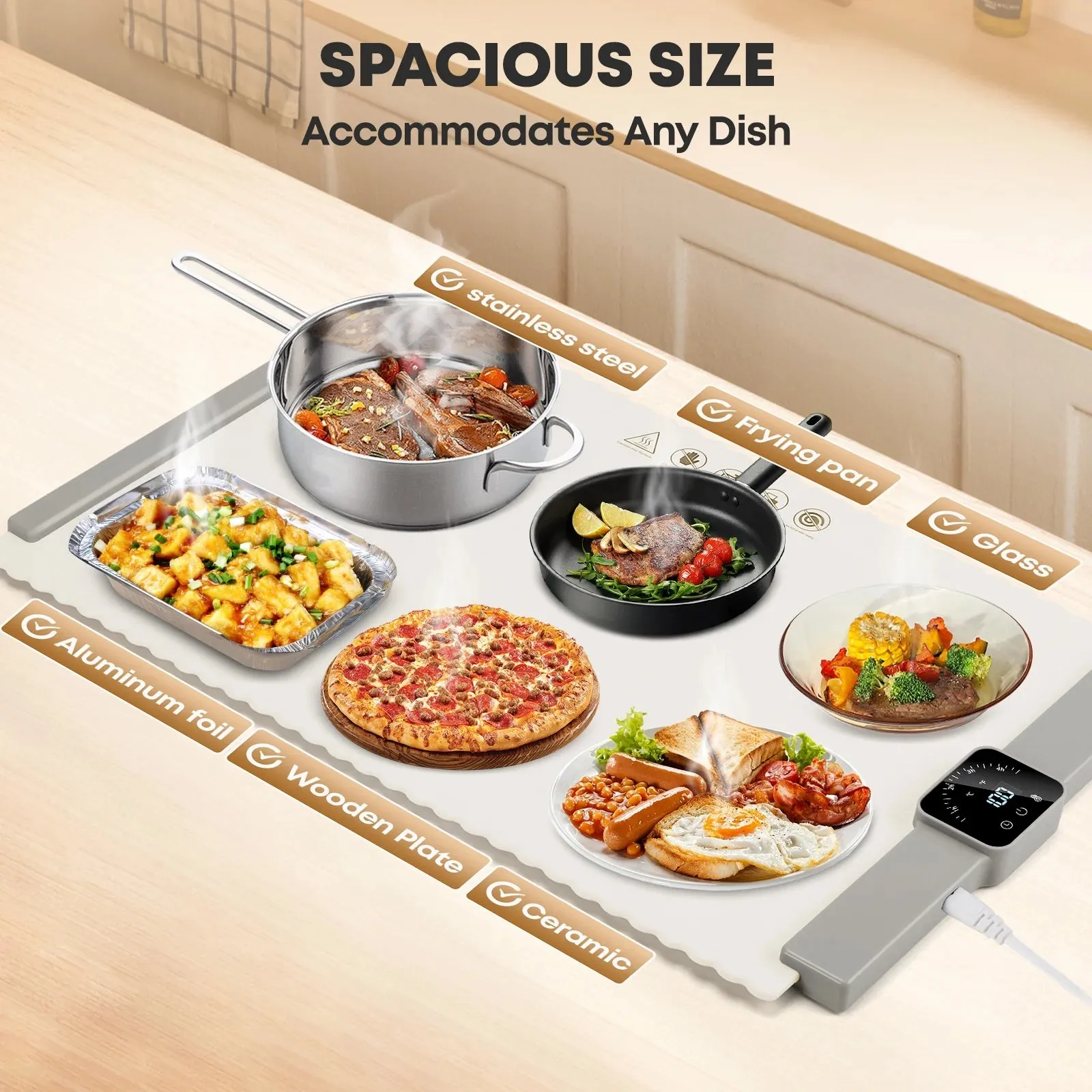 Electric Warming Tray, Portable Large Food Warmers Mat with 5 Level Adjustable Temperature