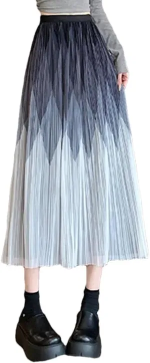 Elegant Mesh Long Skirt Women Elatic High Wiast Midi Length Skirt Female Summer A Line Pleated Skirts