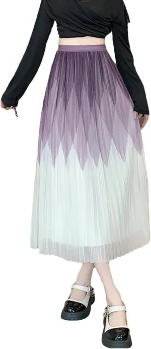 Elegant Mesh Long Skirt Women Elatic High Wiast Midi Length Skirt Female Summer A Line Pleated Skirts