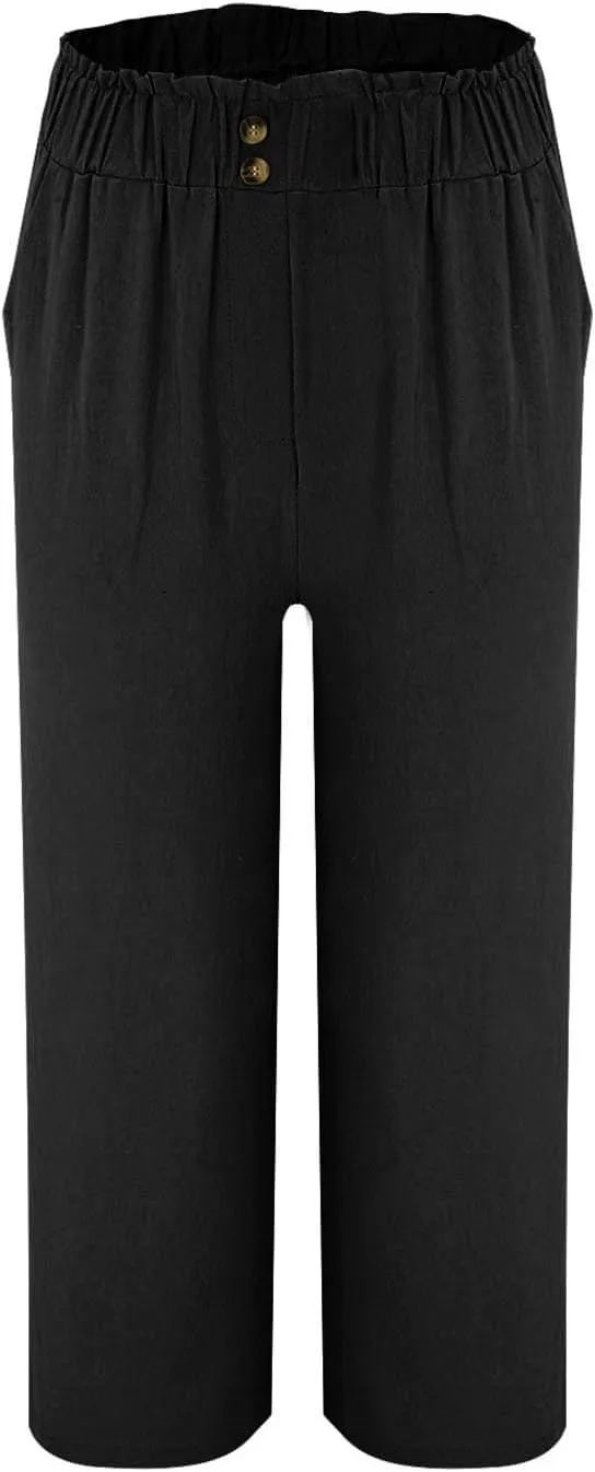 eoeioa Wide Leg Beach Pants for Women Lightweight Button Ealstic Waist Linen Pants Relaxed Fit Cropped Pants with Pockets