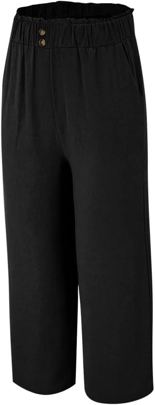 eoeioa Wide Leg Beach Pants for Women Lightweight Button Ealstic Waist Linen Pants Relaxed Fit Cropped Pants with Pockets