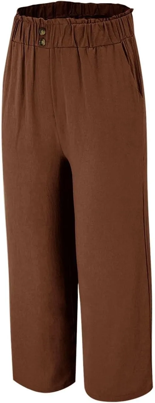 eoeioa Wide Leg Beach Pants for Women Lightweight Button Ealstic Waist Linen Pants Relaxed Fit Cropped Pants with Pockets