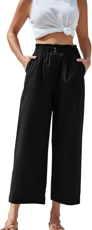 eoeioa Wide Leg Beach Pants for Women Lightweight Button Ealstic Waist Linen Pants Relaxed Fit Cropped Pants with Pockets