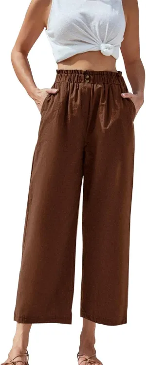 eoeioa Wide Leg Beach Pants for Women Lightweight Button Ealstic Waist Linen Pants Relaxed Fit Cropped Pants with Pockets