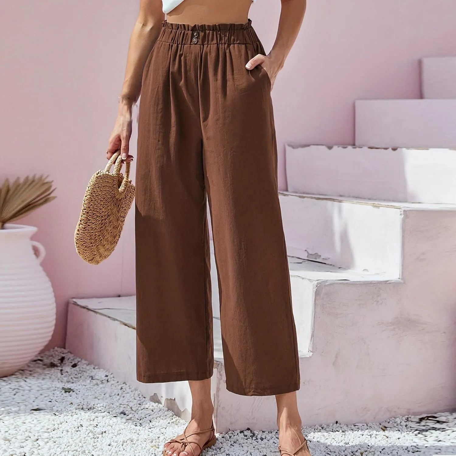eoeioa Wide Leg Beach Pants for Women Lightweight Button Ealstic Waist Linen Pants Relaxed Fit Cropped Pants with Pockets