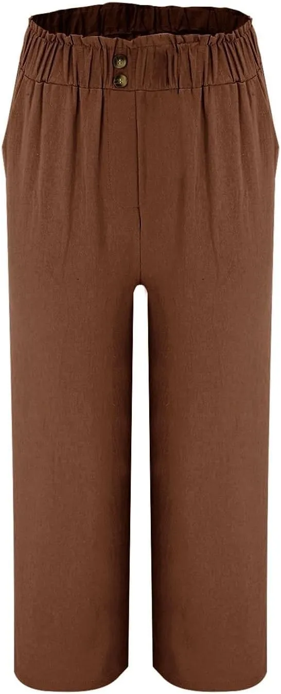eoeioa Wide Leg Beach Pants for Women Lightweight Button Ealstic Waist Linen Pants Relaxed Fit Cropped Pants with Pockets