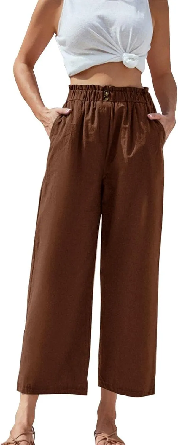 eoeioa Wide Leg Beach Pants for Women Lightweight Button Ealstic Waist Linen Pants Relaxed Fit Cropped Pants with Pockets