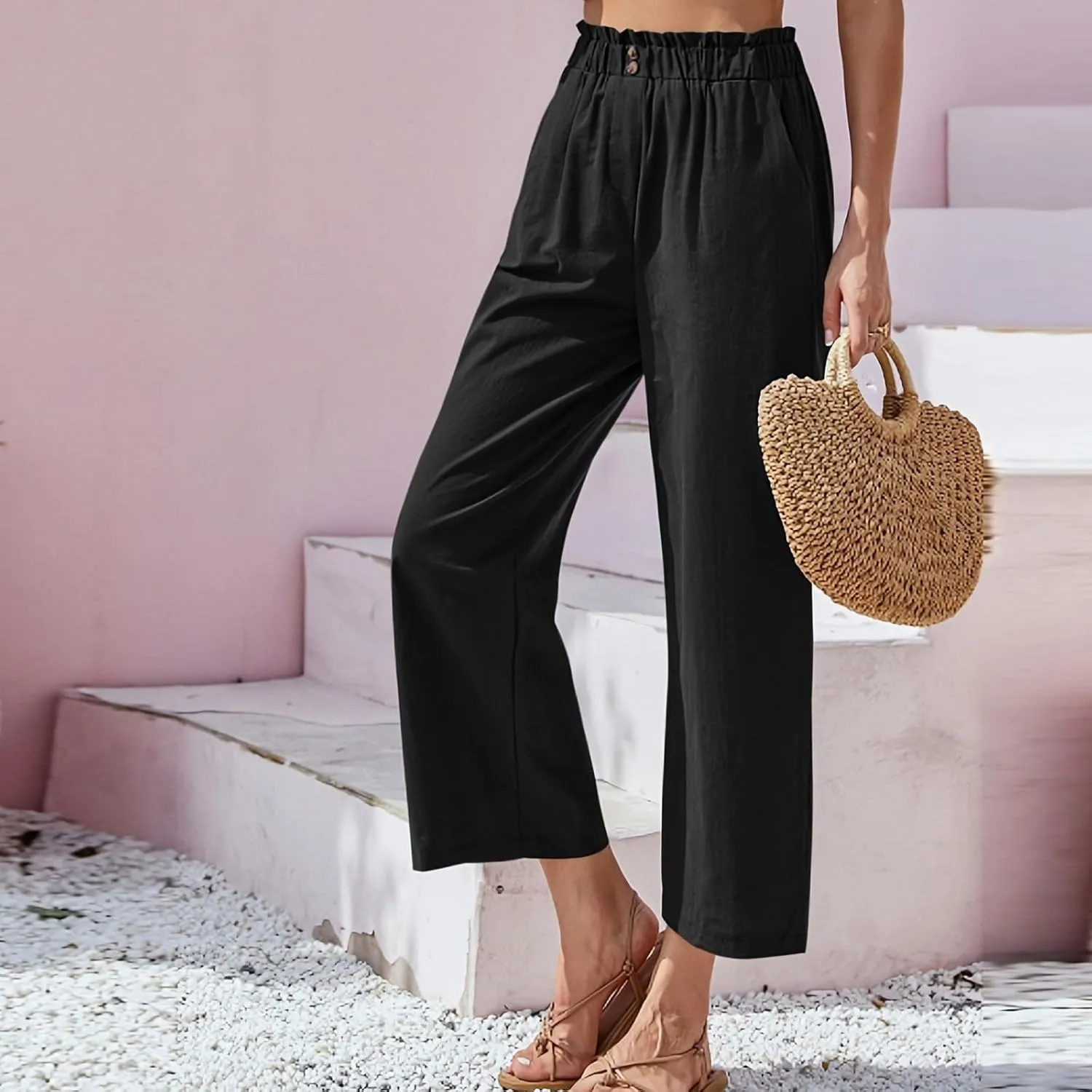 eoeioa Wide Leg Beach Pants for Women Lightweight Button Ealstic Waist Linen Pants Relaxed Fit Cropped Pants with Pockets