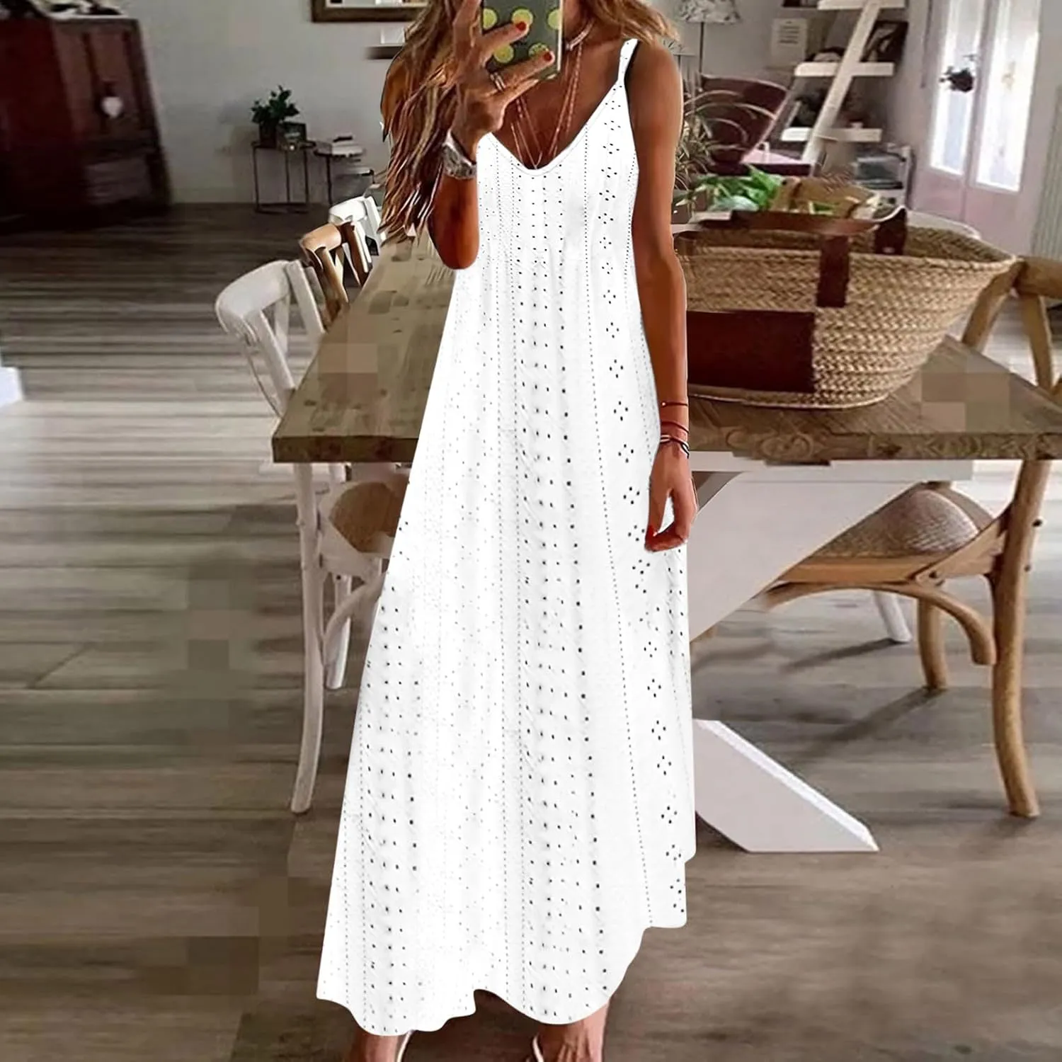 Eyelet Dress for Women Casual Loose V Neck Halter Tank Long Dress Vacation Boho Beach Maxi Sundresses Summer Dresses
