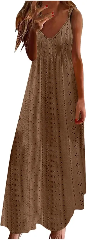 Eyelet Dress for Women Casual Loose V Neck Halter Tank Long Dress Vacation Boho Beach Maxi Sundresses Summer Dresses