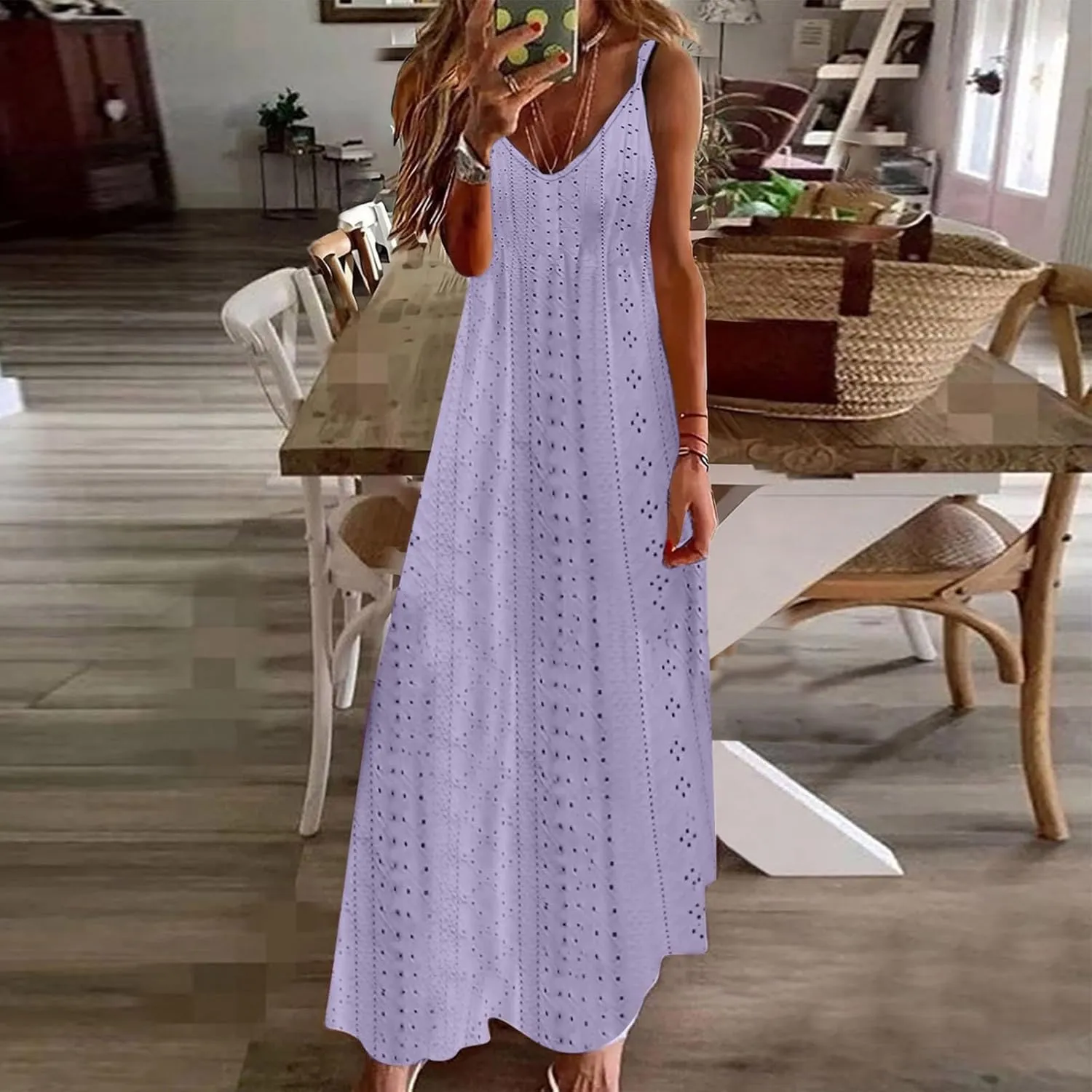 Eyelet Dress for Women Casual Loose V Neck Halter Tank Long Dress Vacation Boho Beach Maxi Sundresses Summer Dresses