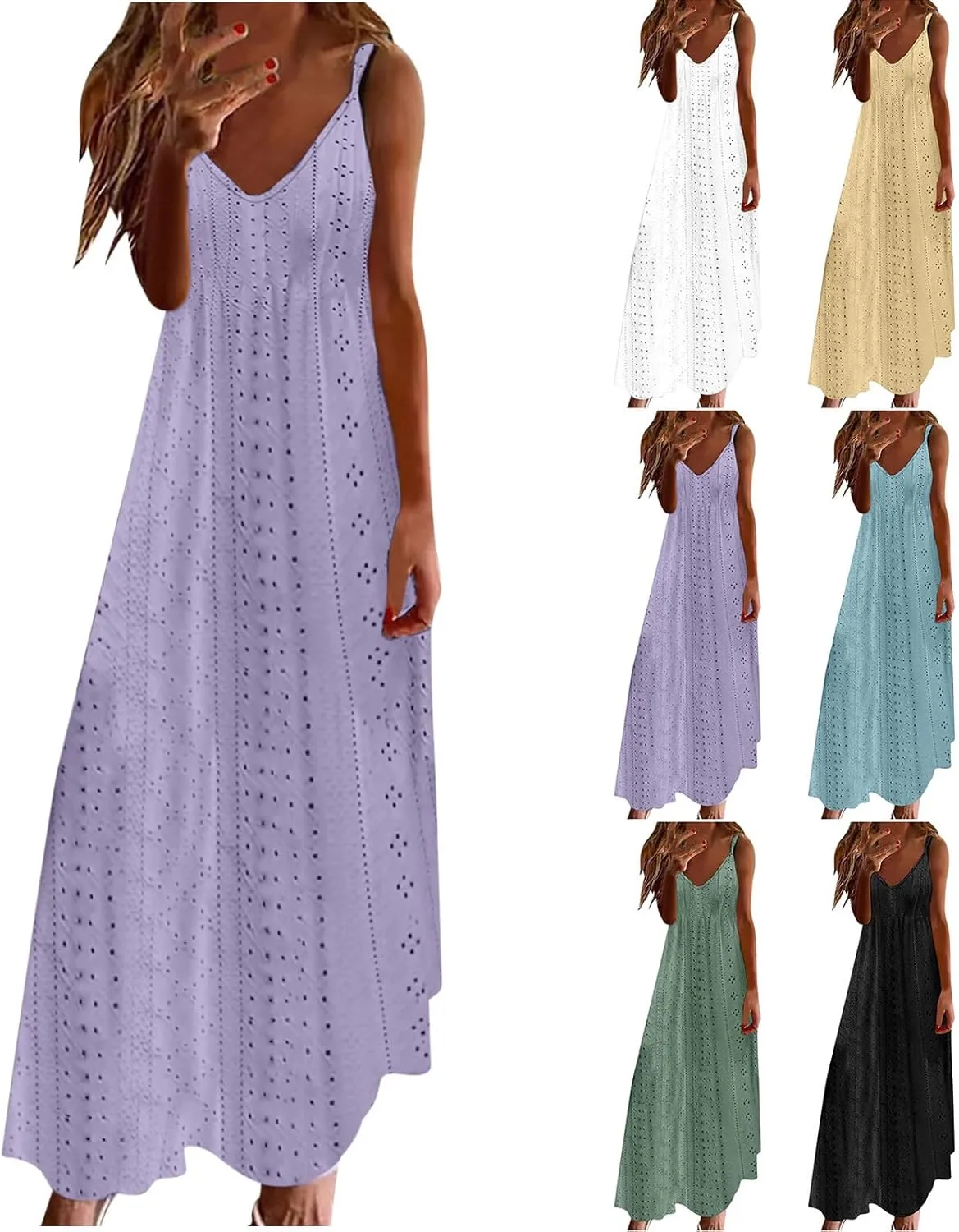 Eyelet Dress for Women Casual Loose V Neck Halter Tank Long Dress Vacation Boho Beach Maxi Sundresses Summer Dresses
