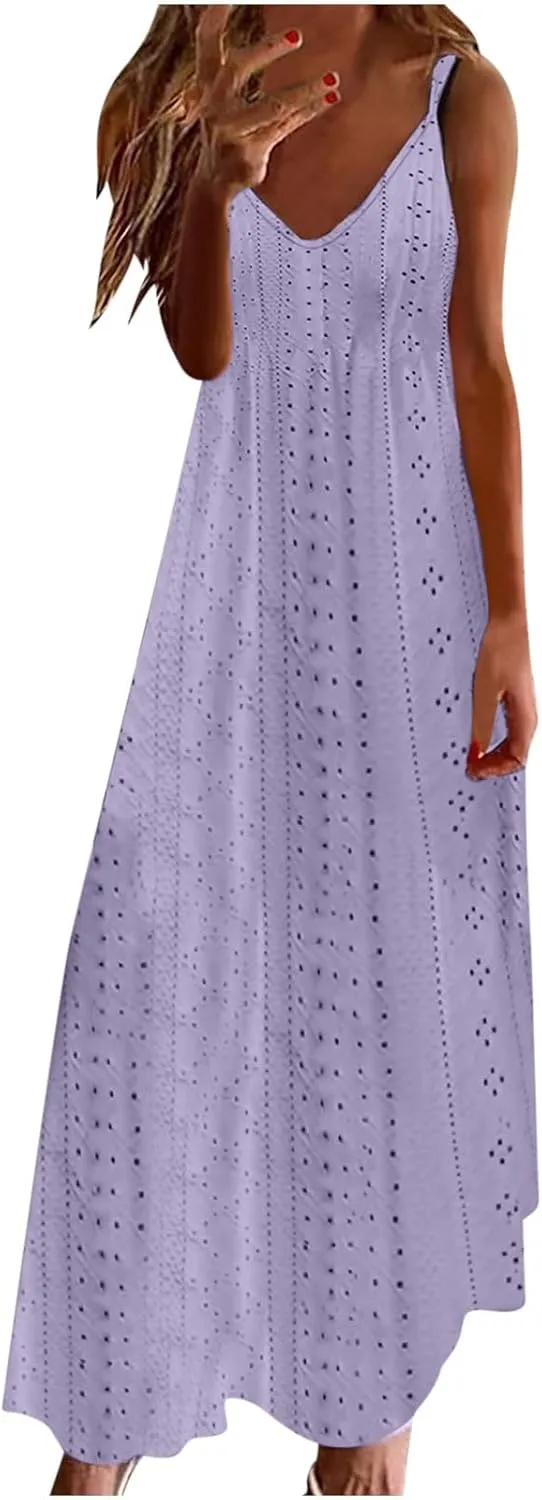 Eyelet Dress for Women Casual Loose V Neck Halter Tank Long Dress Vacation Boho Beach Maxi Sundresses Summer Dresses