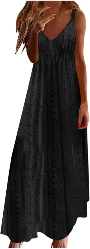 Eyelet Dress for Women Casual Loose V Neck Halter Tank Long Dress Vacation Boho Beach Maxi Sundresses Summer Dresses