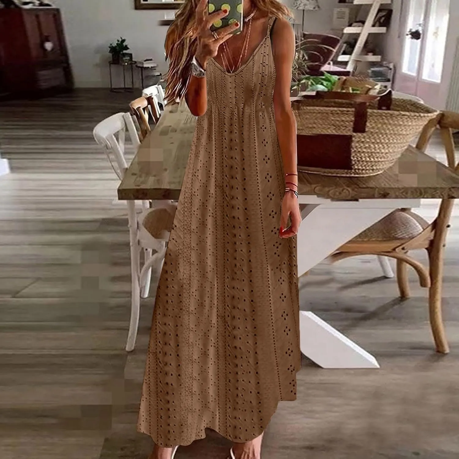 Eyelet Dress for Women Casual Loose V Neck Halter Tank Long Dress Vacation Boho Beach Maxi Sundresses Summer Dresses