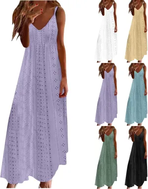 Eyelet Dress for Women Casual Loose V Neck Halter Tank Long Dress Vacation Boho Beach Maxi Sundresses Summer Dresses