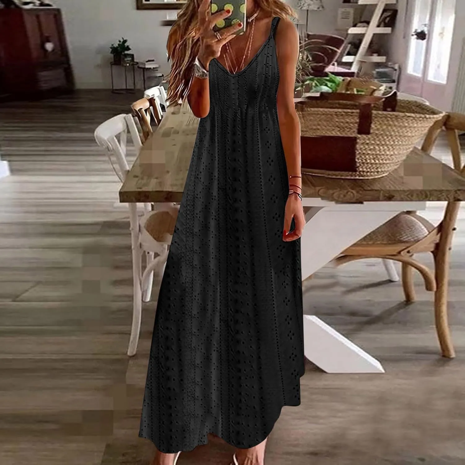 Eyelet Dress for Women Casual Loose V Neck Halter Tank Long Dress Vacation Boho Beach Maxi Sundresses Summer Dresses