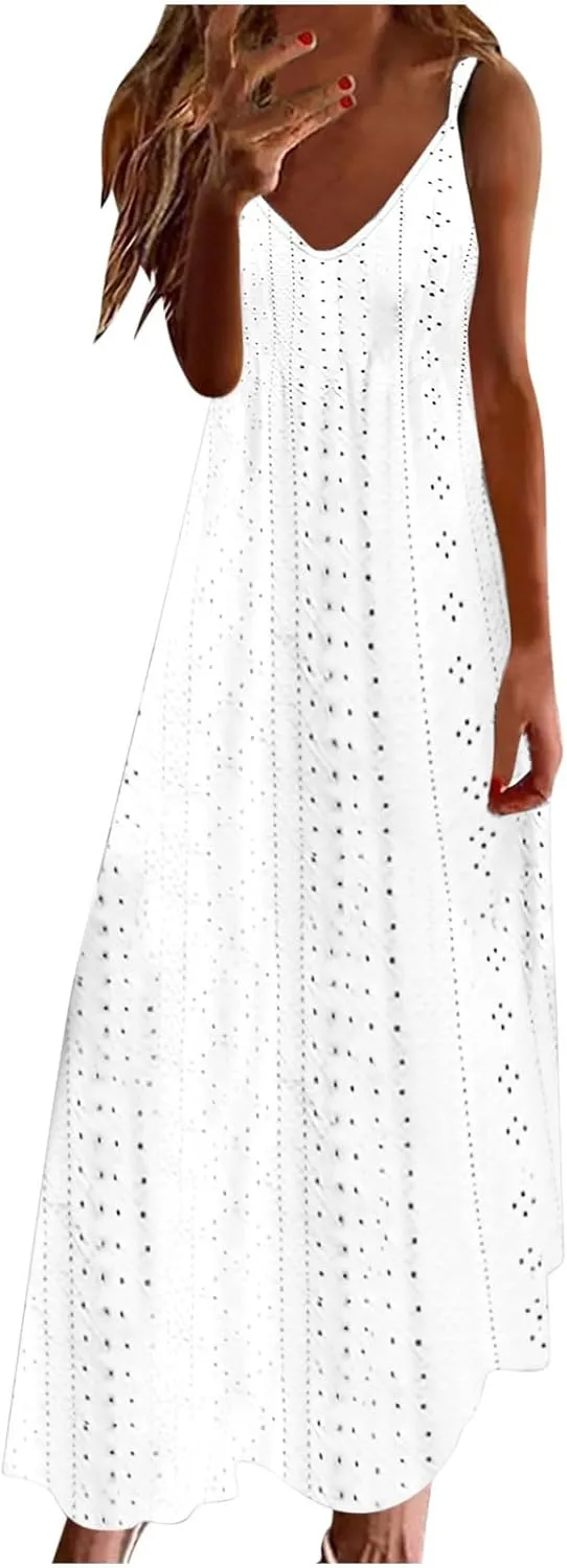 Eyelet Dress for Women Casual Loose V Neck Halter Tank Long Dress Vacation Boho Beach Maxi Sundresses Summer Dresses
