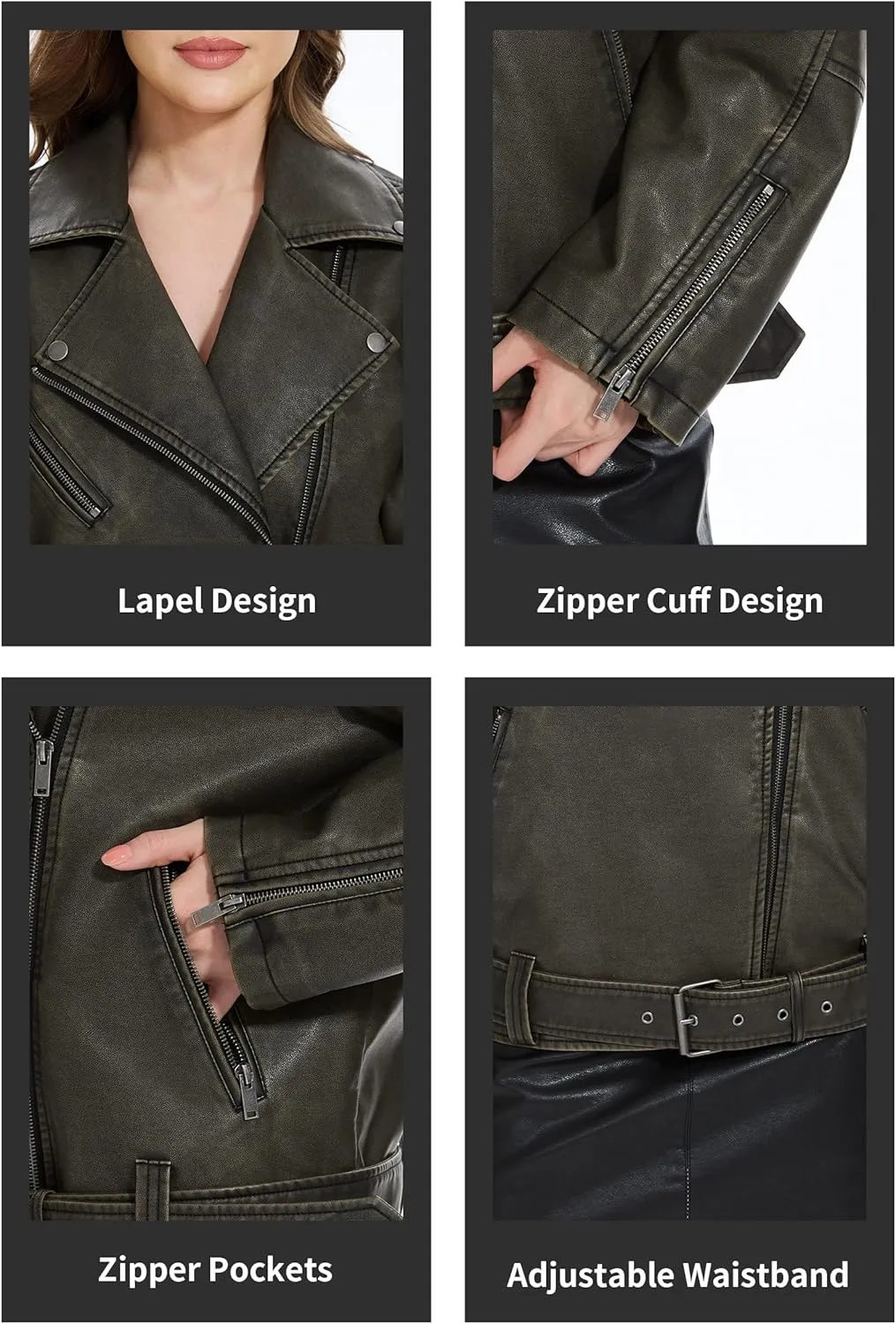 Fahsyee Faux Leather Jackets for Women, Black Motorcycle Moto Biker PU Outwear Coat