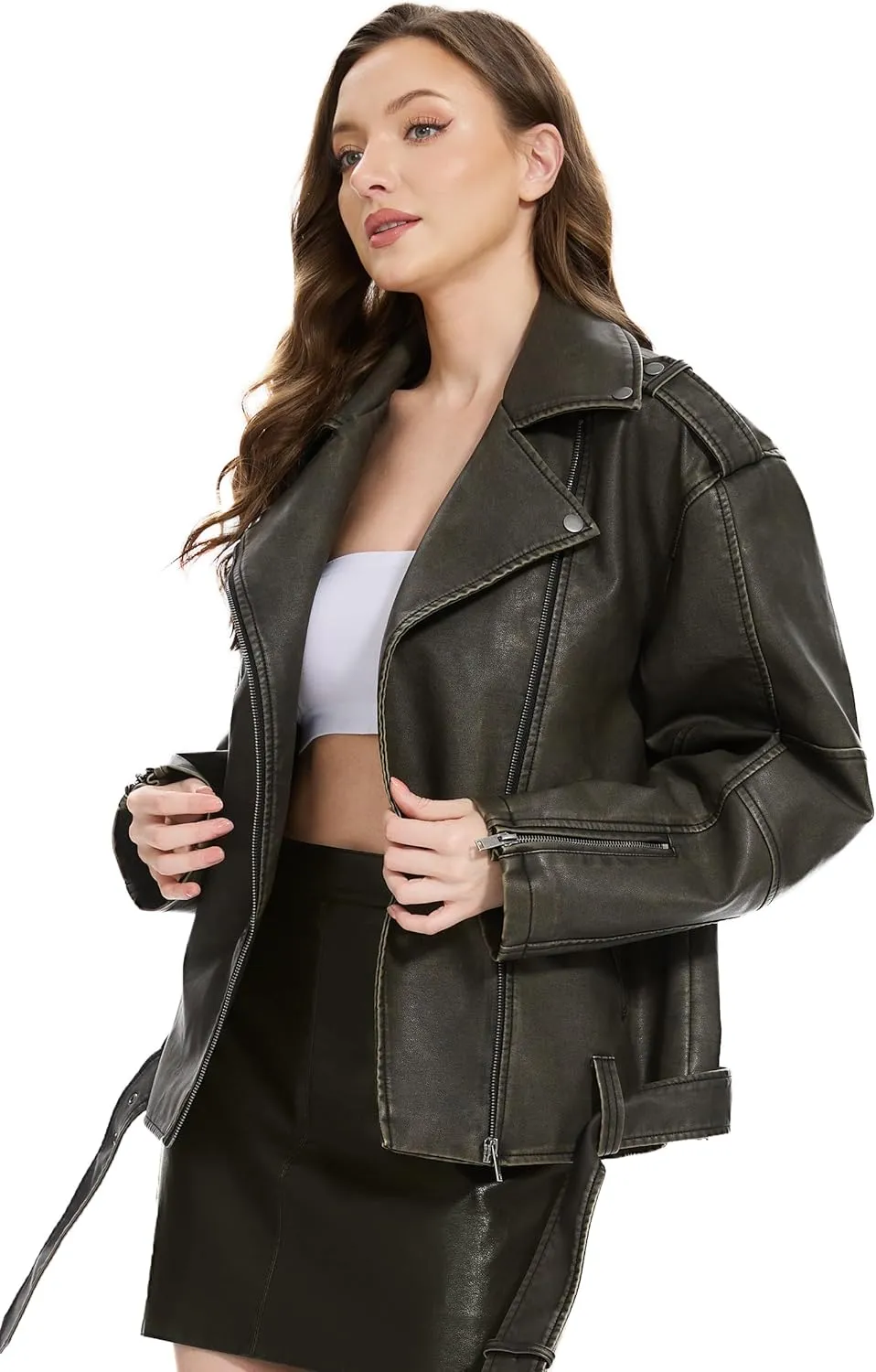 Fahsyee Faux Leather Jackets for Women, Black Motorcycle Moto Biker PU Outwear Coat