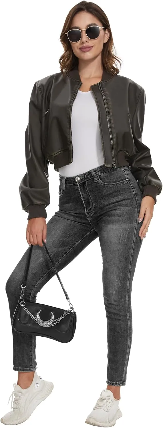 Fahsyee Faux Leather Jackets for Women, Black Motorcycle Moto Biker PU Outwear Coat