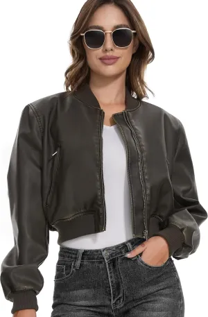 Fahsyee Faux Leather Jackets for Women, Black Motorcycle Moto Biker PU Outwear Coat