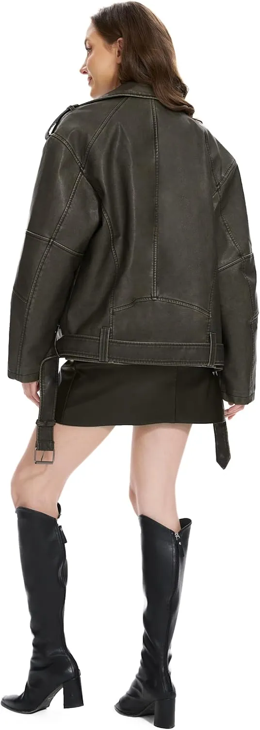 Fahsyee Faux Leather Jackets for Women, Black Motorcycle Moto Biker PU Outwear Coat