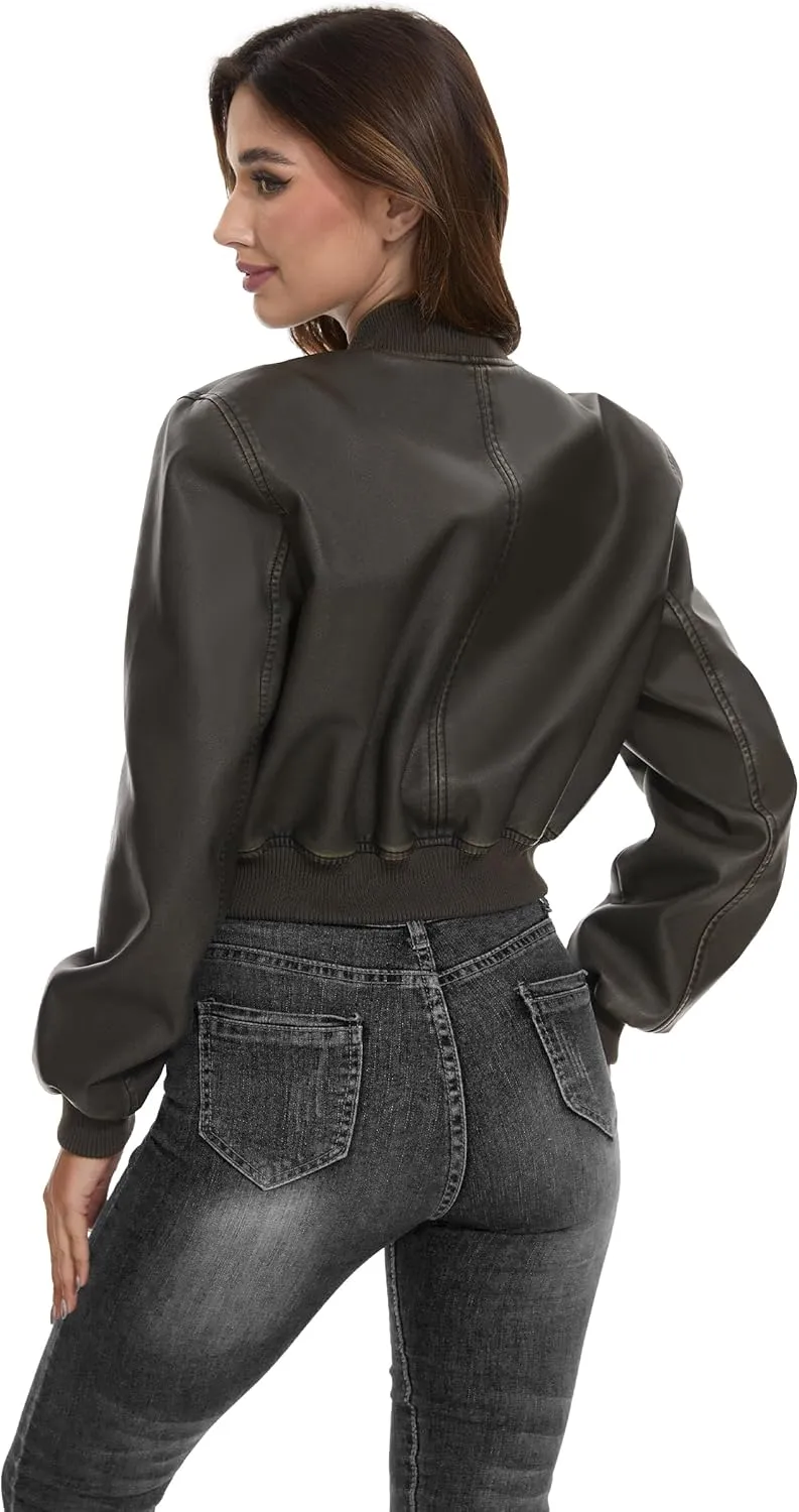 Fahsyee Faux Leather Jackets for Women, Black Motorcycle Moto Biker PU Outwear Coat
