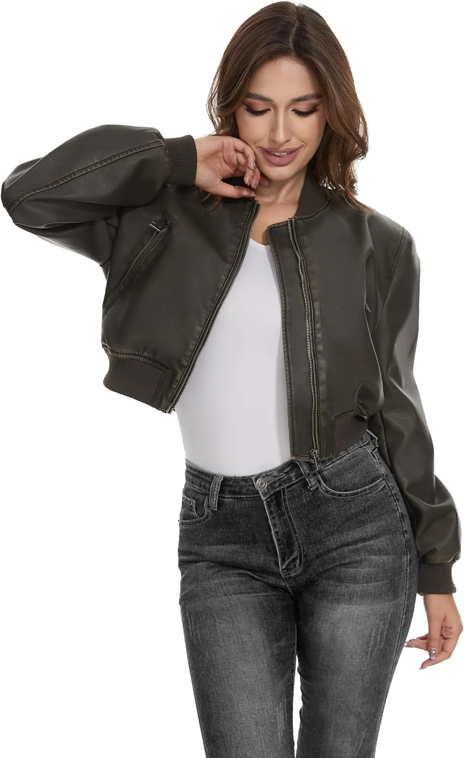 Fahsyee Faux Leather Jackets for Women, Black Motorcycle Moto Biker PU Outwear Coat