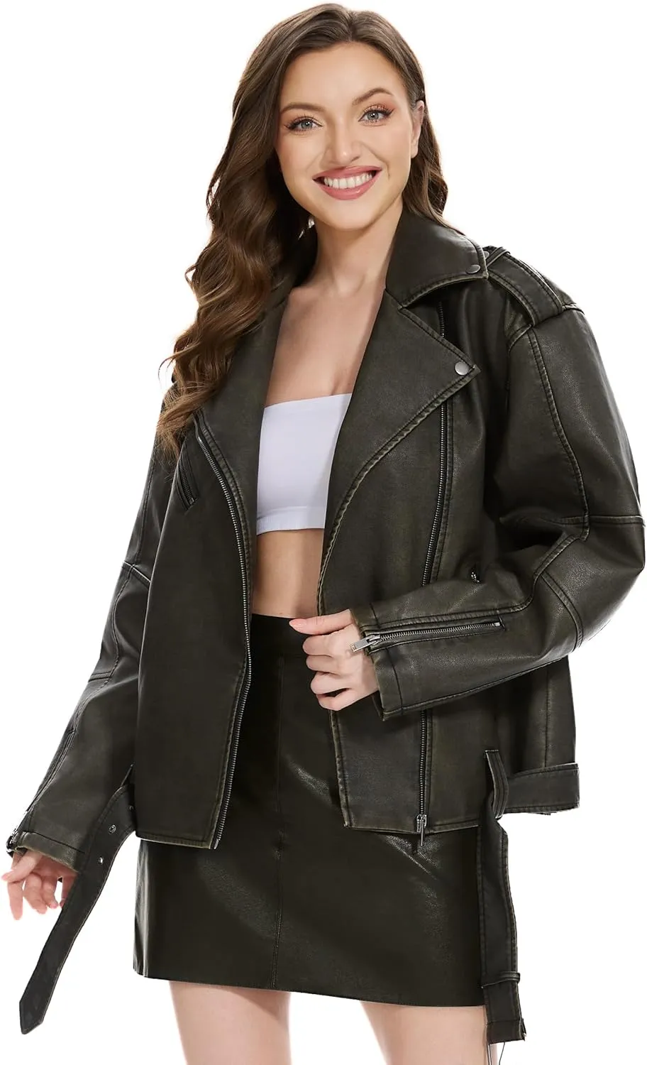 Fahsyee Faux Leather Jackets for Women, Black Motorcycle Moto Biker PU Outwear Coat