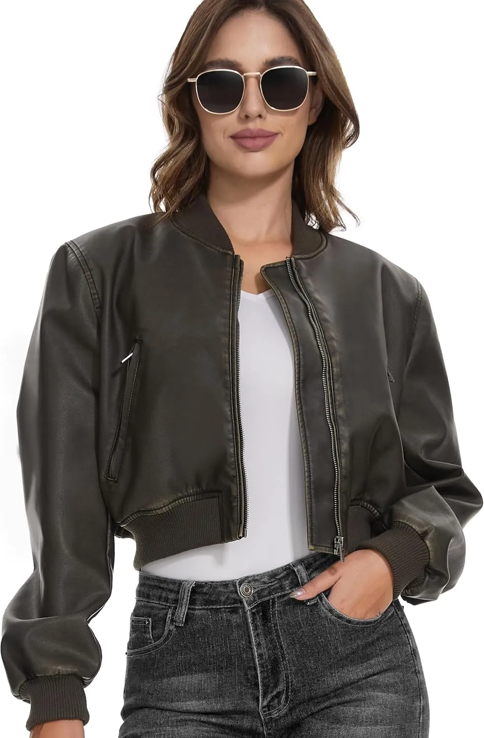 Fahsyee Faux Leather Jackets for Women, Black Motorcycle Moto Biker PU Outwear Coat