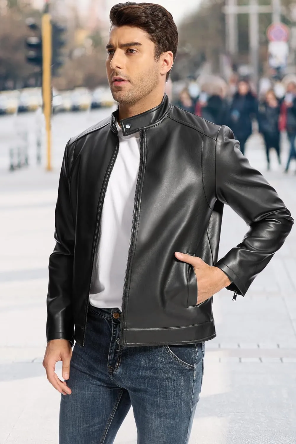 Fahsyee Leather Jacket Men Lightweight Motorcycle Jackets Men's Stand Collar Bomber Coat with Pockets and Zip