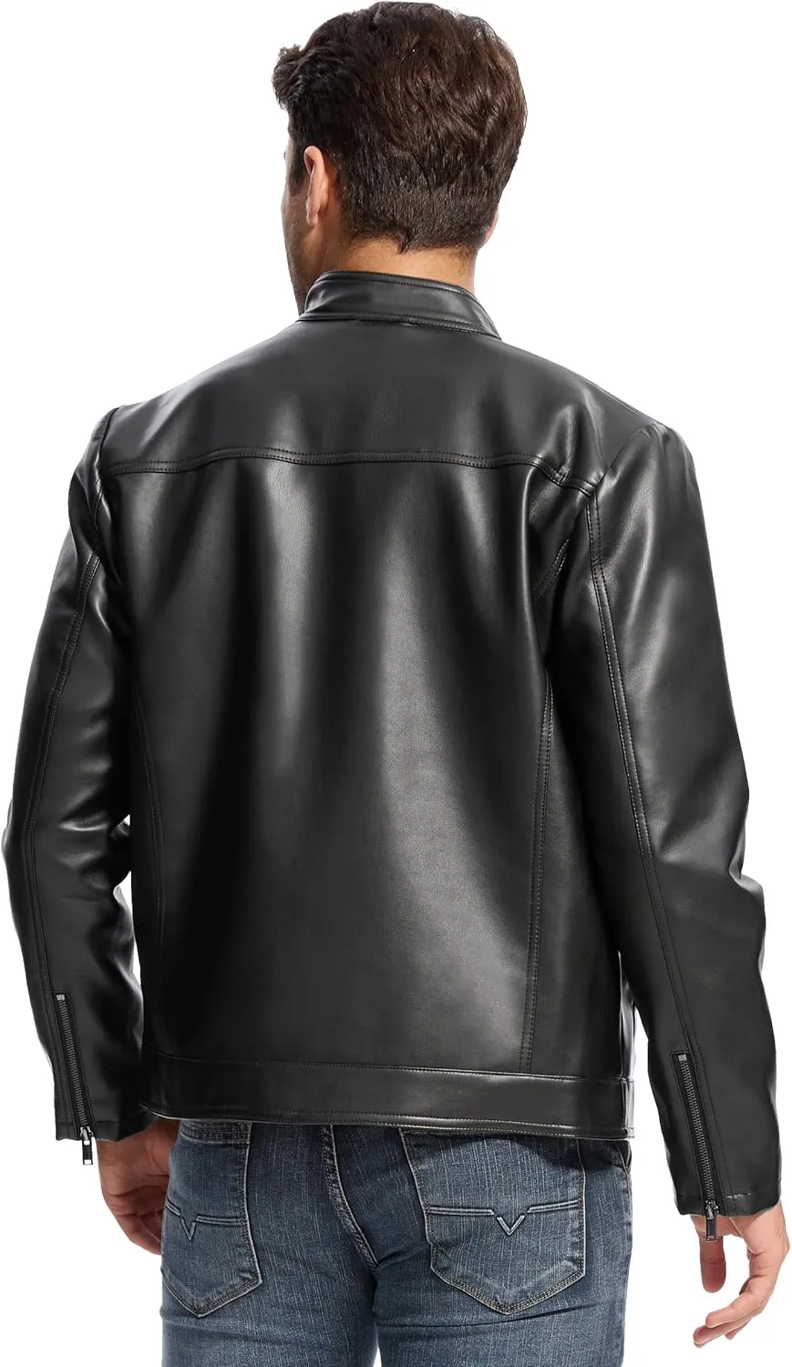 Fahsyee Leather Jacket Men Lightweight Motorcycle Jackets Men's Stand Collar Bomber Coat with Pockets and Zip