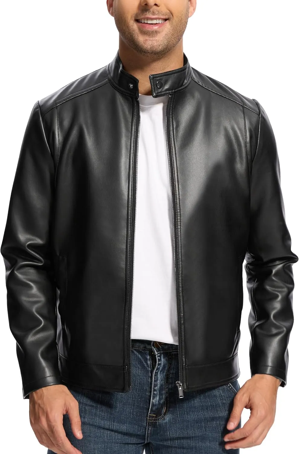 Fahsyee Leather Jacket Men Lightweight Motorcycle Jackets Men's Stand Collar Bomber Coat with Pockets and Zip