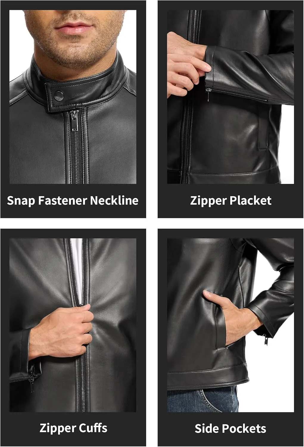 Fahsyee Leather Jacket Men Lightweight Motorcycle Jackets Men's Stand Collar Bomber Coat with Pockets and Zip