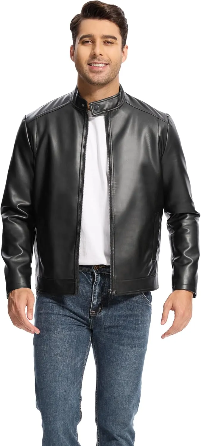 Fahsyee Leather Jacket Men Lightweight Motorcycle Jackets Men's Stand Collar Bomber Coat with Pockets and Zip
