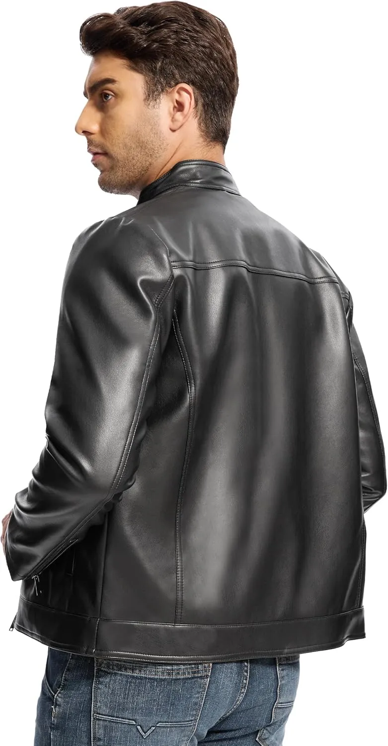Fahsyee Leather Jacket Men Lightweight Motorcycle Jackets Men's Stand Collar Bomber Coat with Pockets and Zip