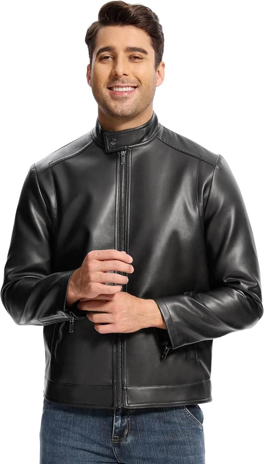 Fahsyee Leather Jacket Men Lightweight Motorcycle Jackets Men's Stand Collar Bomber Coat with Pockets and Zip