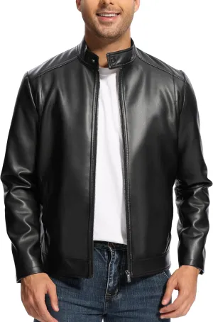 Fahsyee Leather Jacket Men Lightweight Motorcycle Jackets Men's Stand Collar Bomber Coat with Pockets and Zip