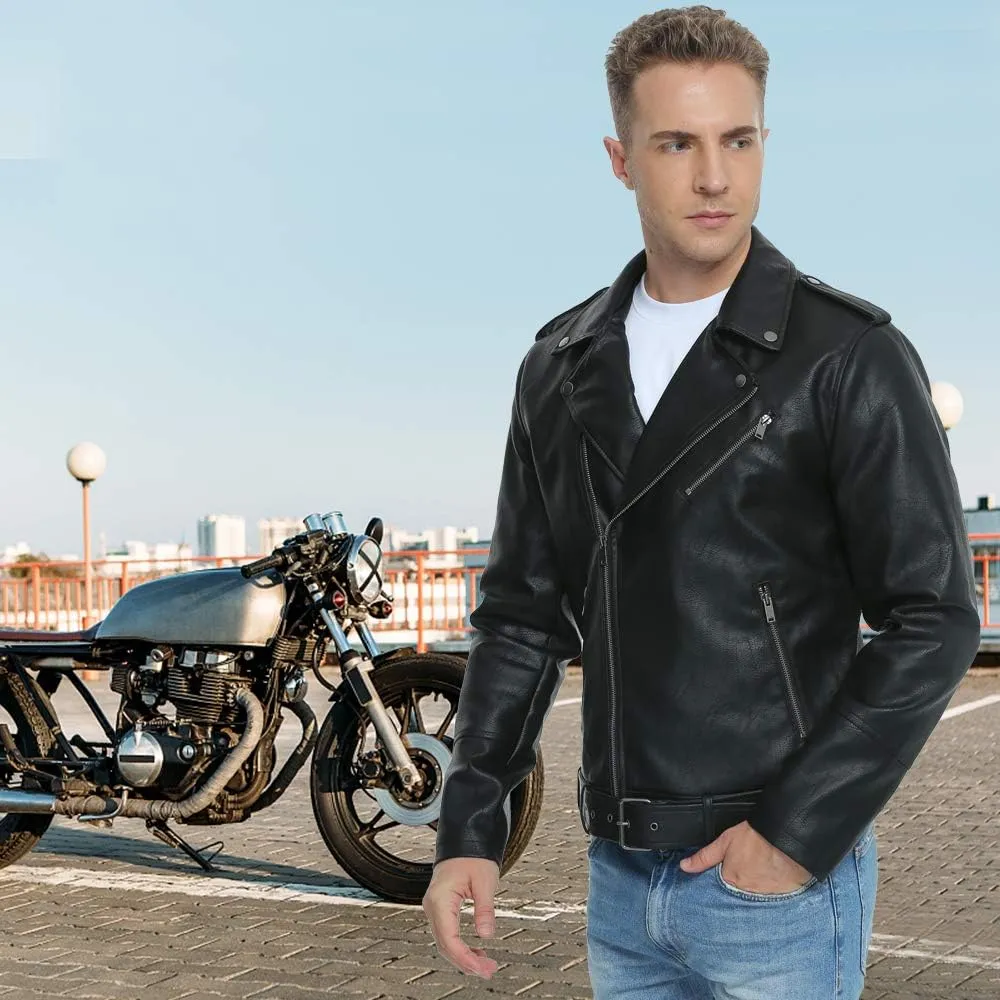 Fahsyee Leather Jackets for Men, Faux Bomber Jacket Mens Motorcycle Lapel Asymmetric Zip-Up Belt Slim Fit Biker Coat