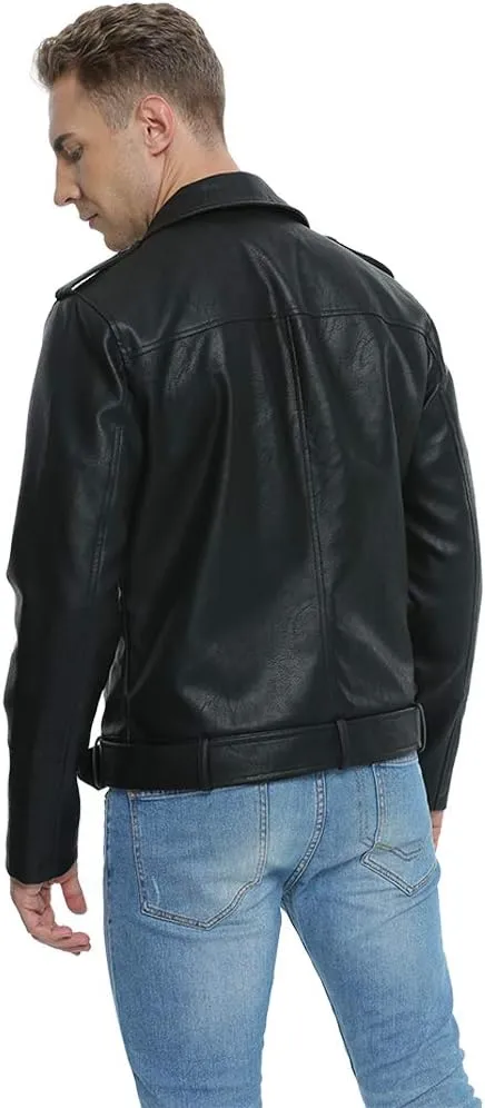 Fahsyee Leather Jackets for Men, Faux Bomber Jacket Mens Motorcycle Lapel Asymmetric Zip-Up Belt Slim Fit Biker Coat