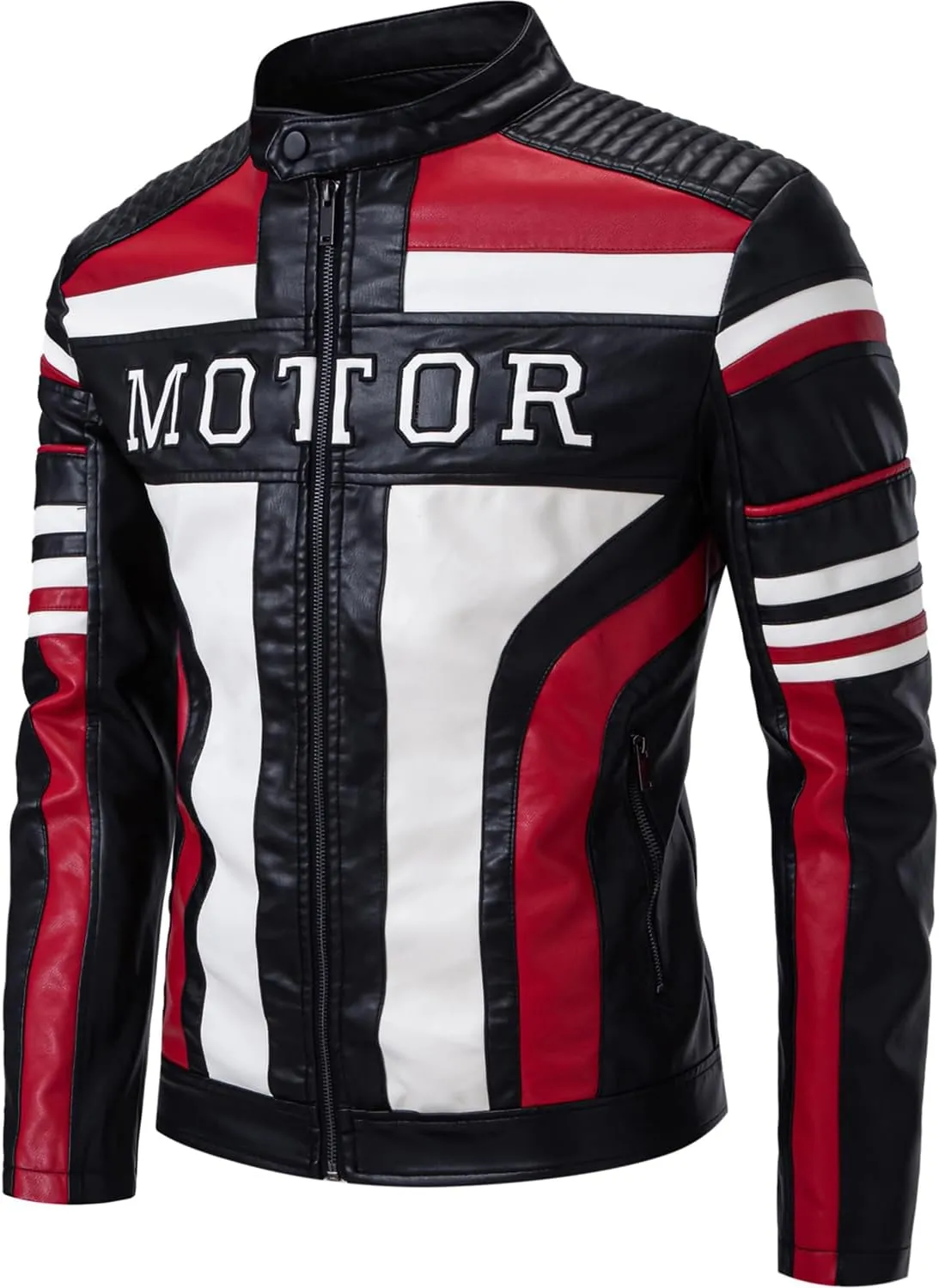 FANARCHER Men's Leather Jackets Stand Collar PU Faux Motorcycle Zipper Coat Biker Windbreaker