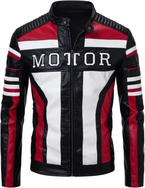 FANARCHER Men's Leather Jackets Stand Collar PU Faux Motorcycle Zipper Coat Biker Windbreaker