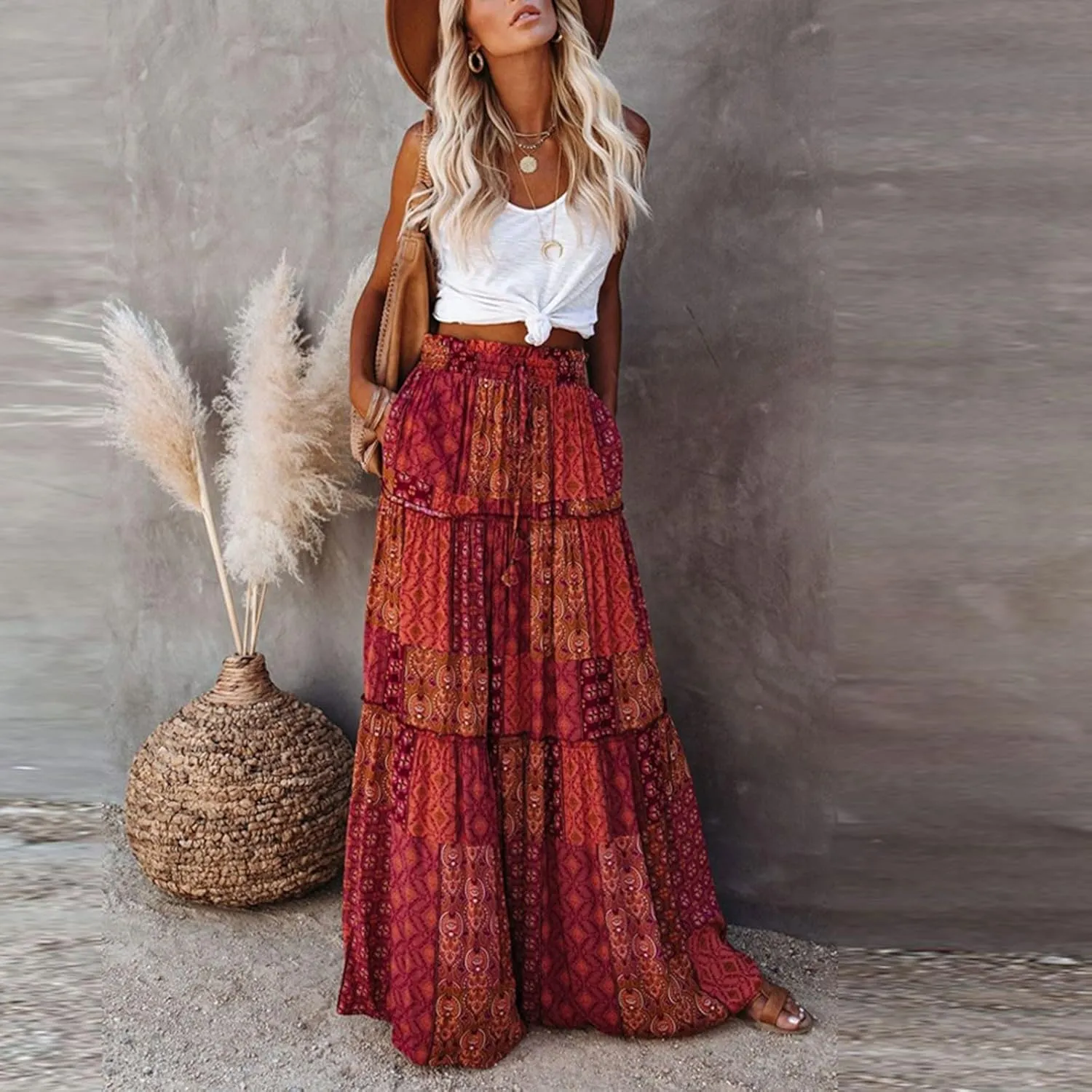 fanmpghleoo Maxi Skirt with Pocket for Women 2025 Boho Tiered Flowy Long Skirt Summer Casual Drawstring High Waisted Skirts