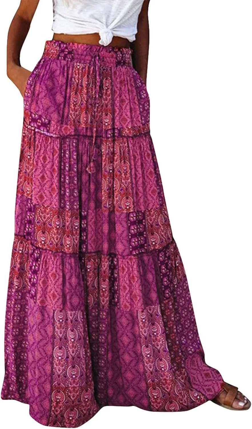 fanmpghleoo Maxi Skirt with Pocket for Women 2025 Boho Tiered Flowy Long Skirt Summer Casual Drawstring High Waisted Skirts