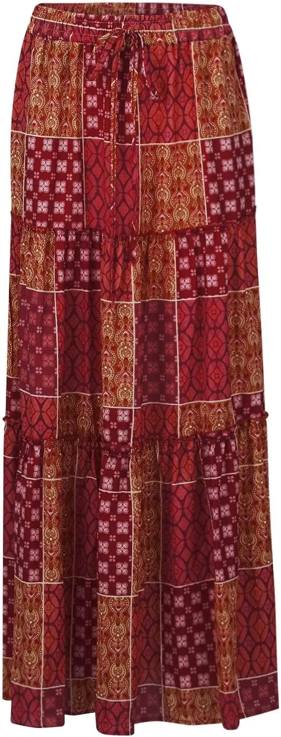 fanmpghleoo Maxi Skirt with Pocket for Women 2025 Boho Tiered Flowy Long Skirt Summer Casual Drawstring High Waisted Skirts