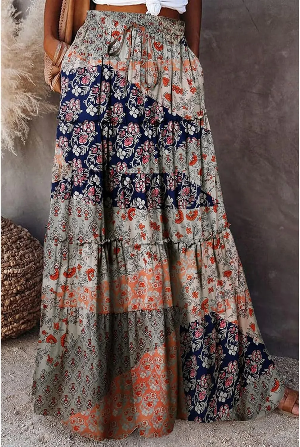 fanmpghleoo Maxi Skirt with Pocket for Women 2025 Boho Tiered Flowy Long Skirt Summer Casual Drawstring High Waisted Skirts