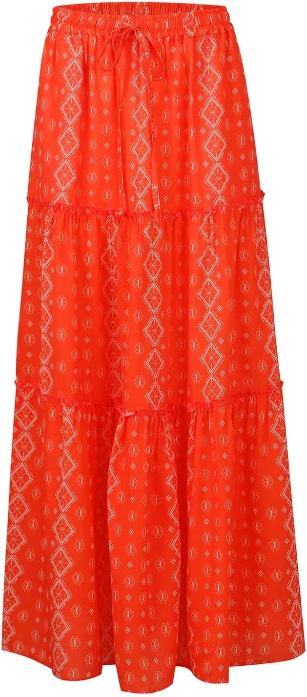fanmpghleoo Maxi Skirt with Pocket for Women 2025 Boho Tiered Flowy Long Skirt Summer Casual Drawstring High Waisted Skirts