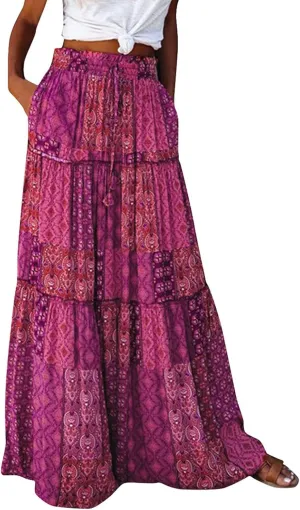 fanmpghleoo Maxi Skirt with Pocket for Women 2025 Boho Tiered Flowy Long Skirt Summer Casual Drawstring High Waisted Skirts
