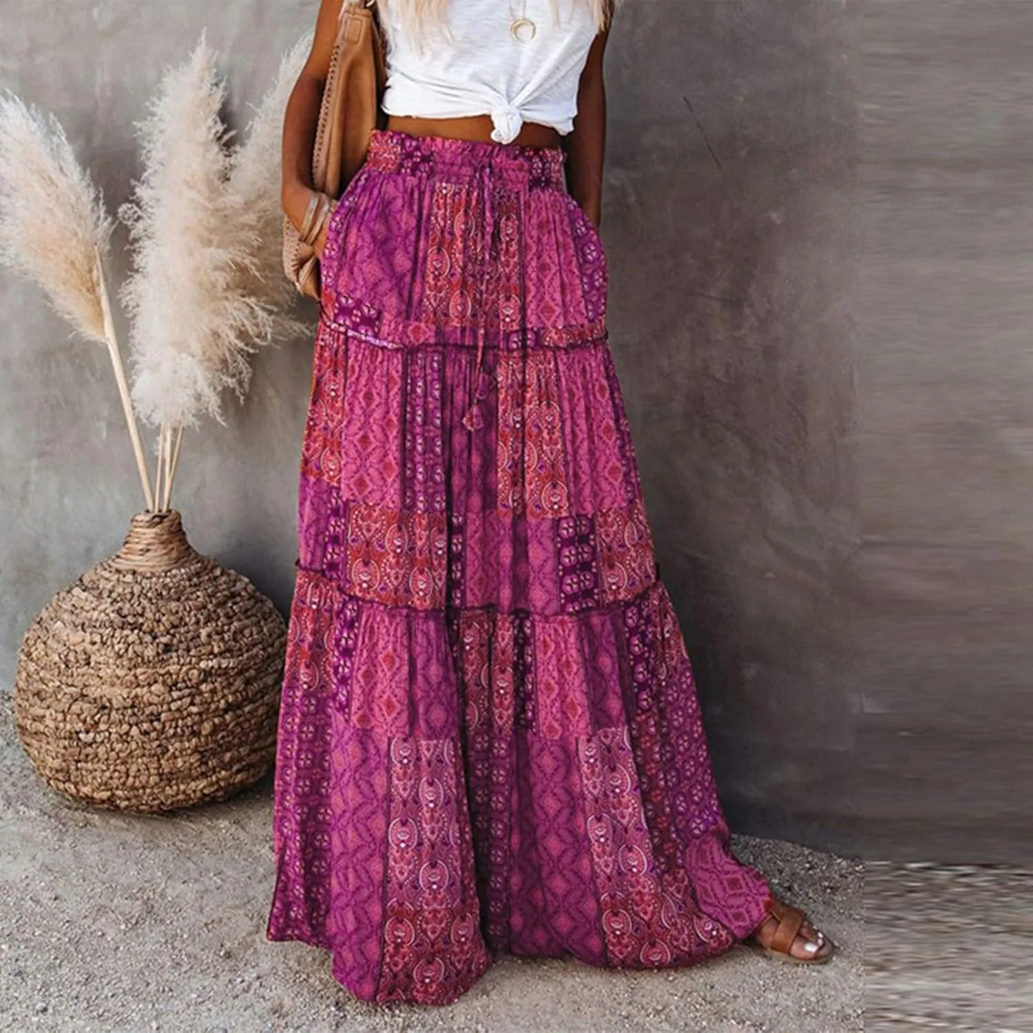 fanmpghleoo Maxi Skirt with Pocket for Women 2025 Boho Tiered Flowy Long Skirt Summer Casual Drawstring High Waisted Skirts